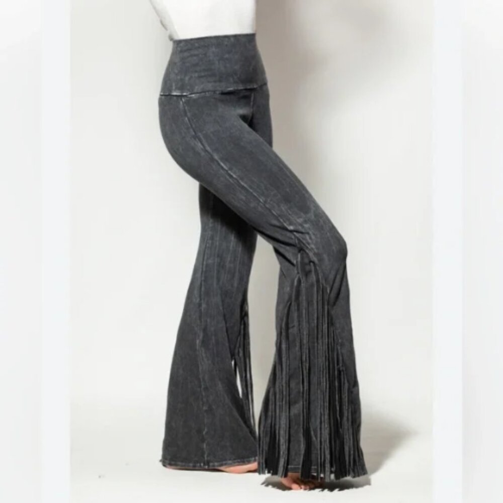 Women's Wide Leg Fringe Pants - Black